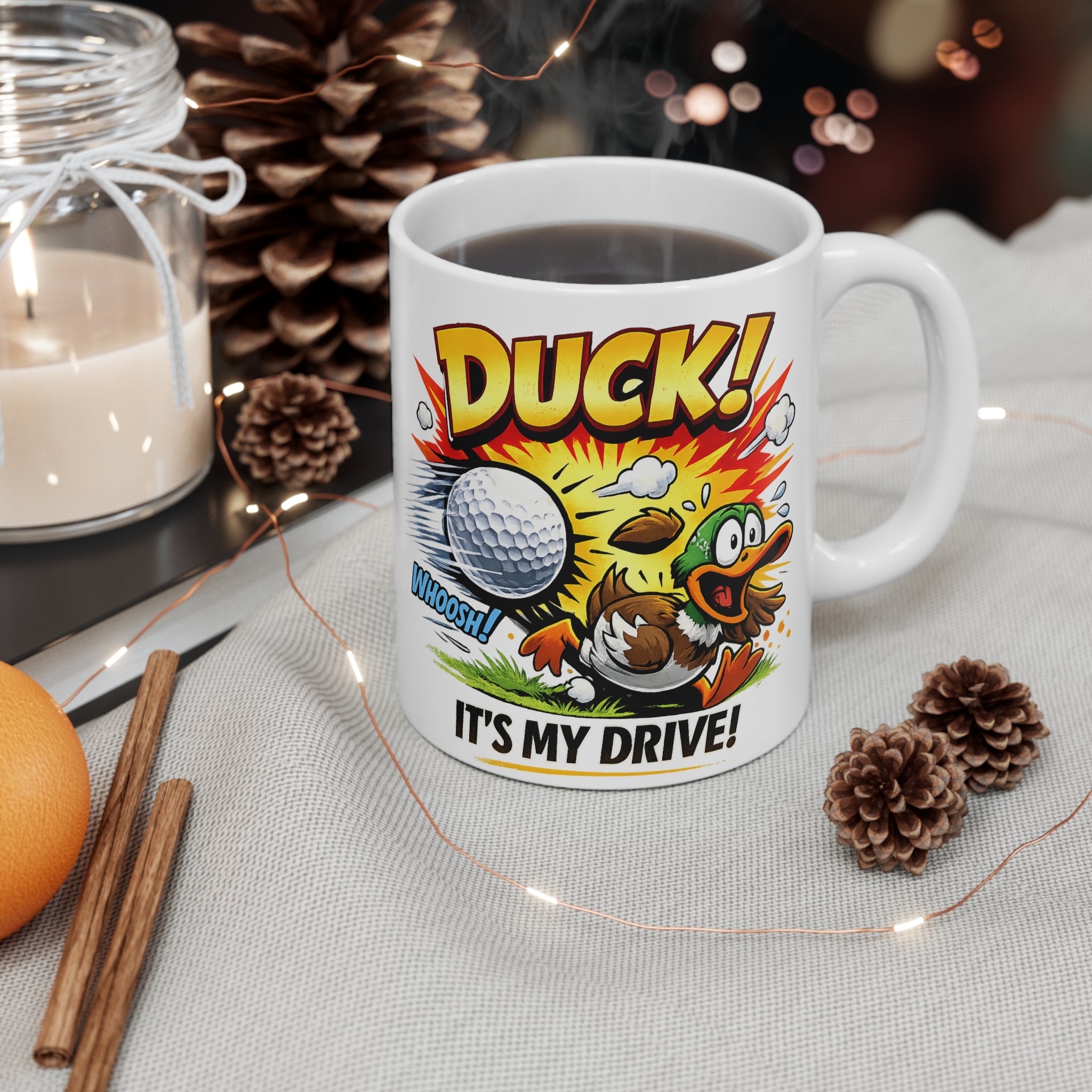 Golf Comic Mug — “Duck, It's My Drive” Funny Golf Coffee Cup