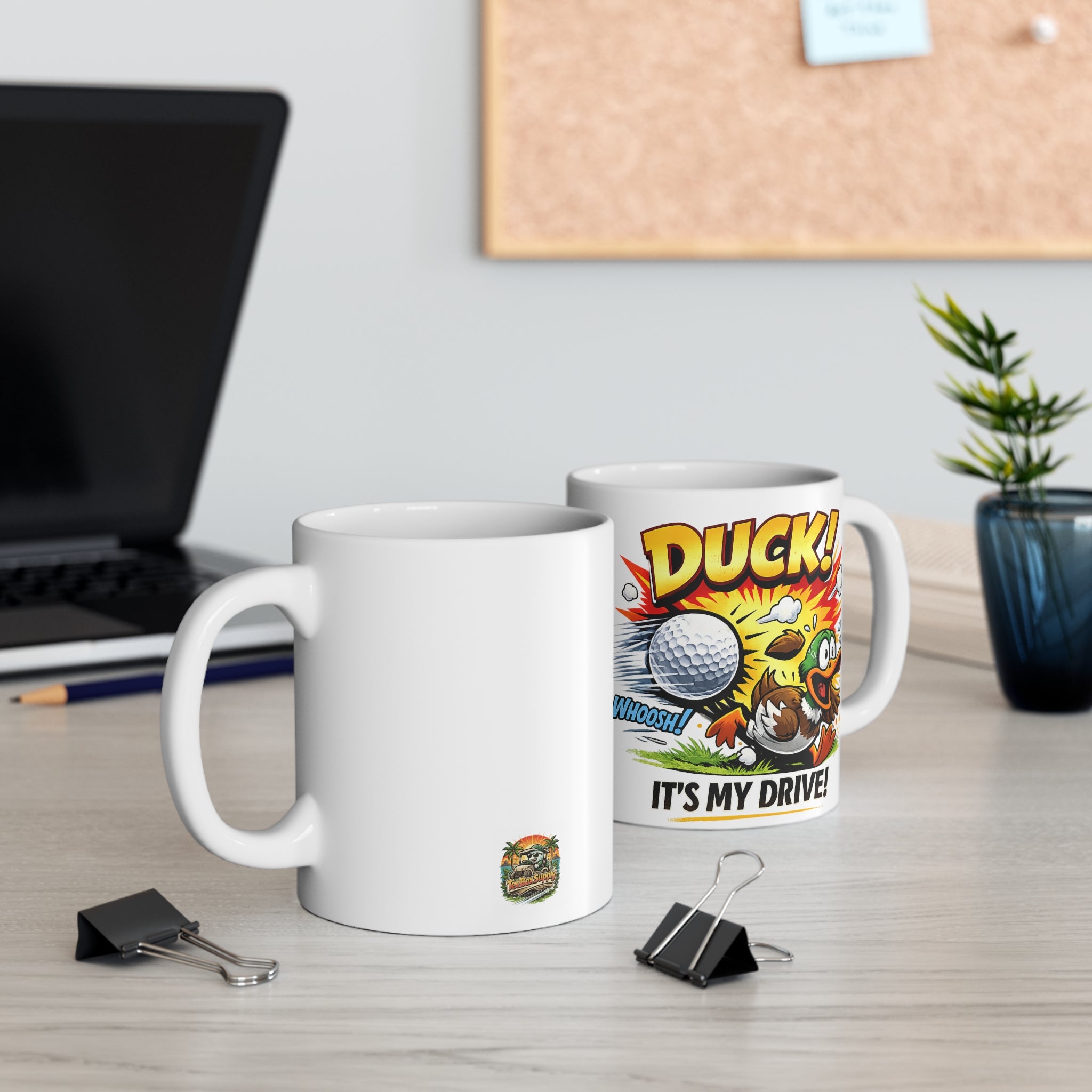 Golf Comic Mug — “Duck, It's My Drive” Funny Golf Coffee Cup